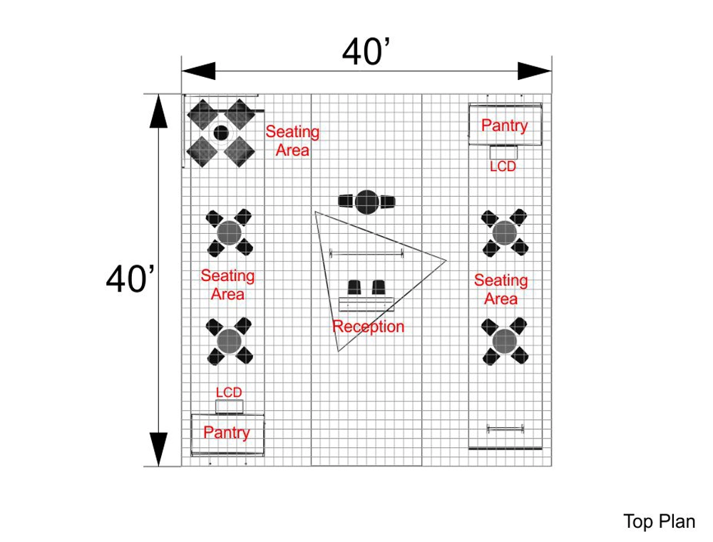 40x40 booth with open aisle and demo stations